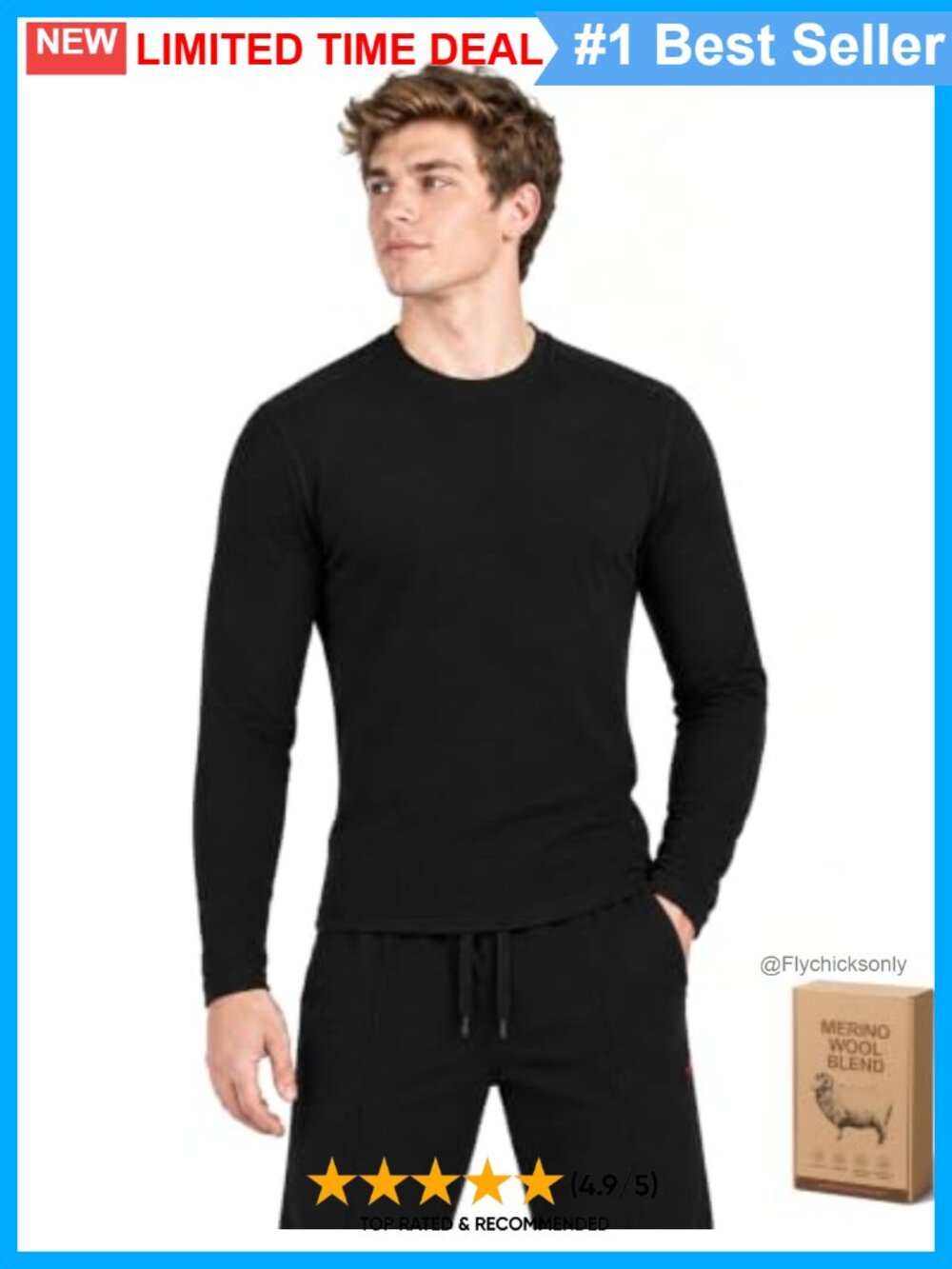 Merino Wool Blend Thermal Base Layer Long Sleeve Top